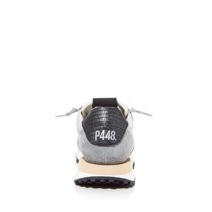 P448 Womens Black Mixed Media Heel Pull-Tab Stretch Logo Padded Lightning Round Toe Wedge Sneakers Shoes main image 0